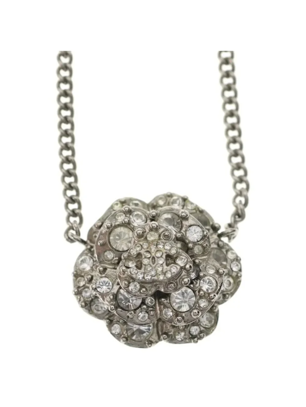 Chanel Camellia Rhinestone CC Logo Pendant Chain Silver - Picture 3 of 6